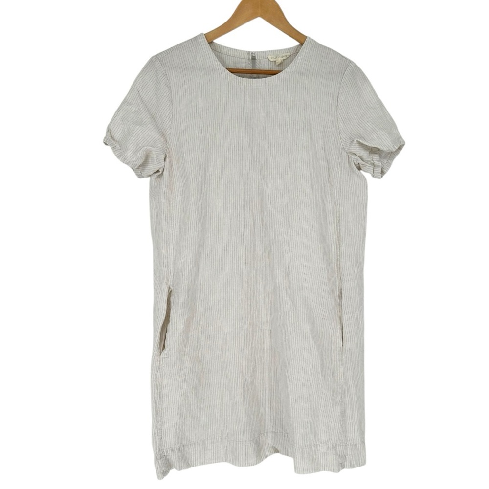 Eileen Fisher Cream Stripe Organic Linen Mini Dress sz Small Pocket Short Sleeve - Picture 1 of 11
